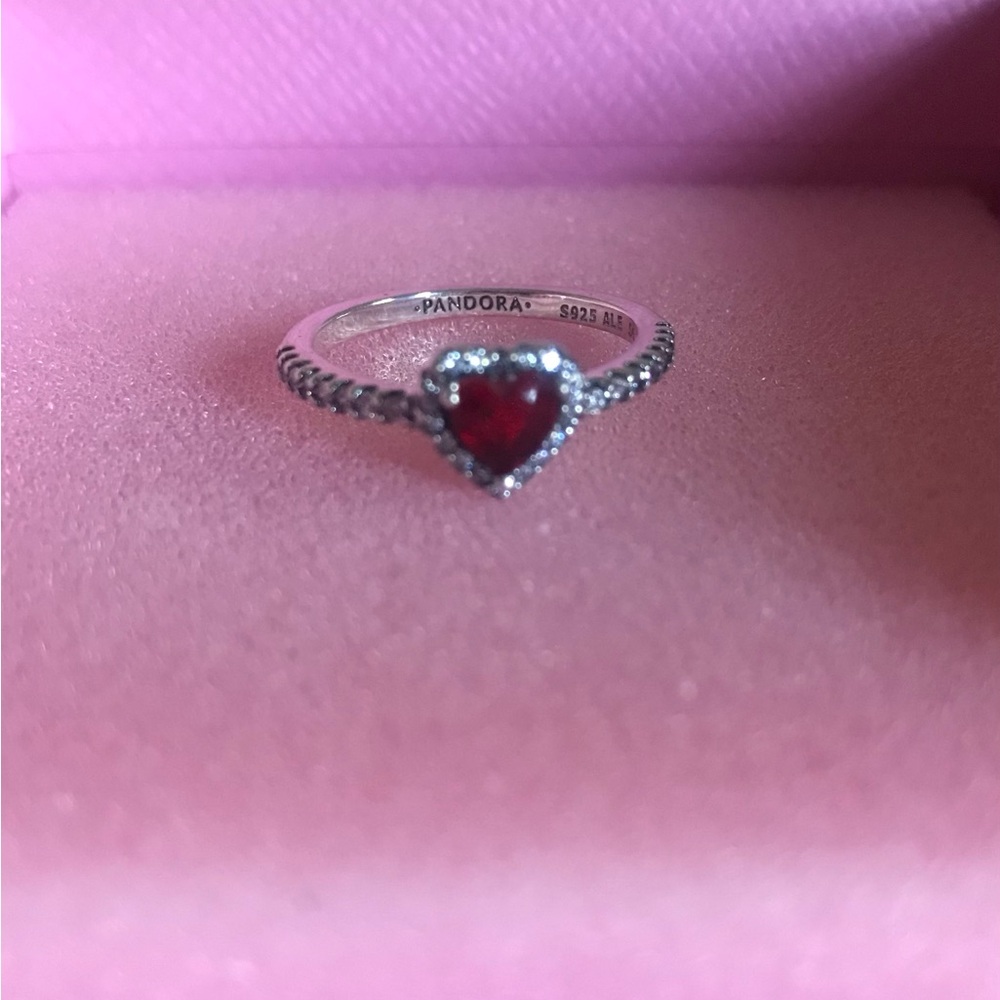 Pandora Sterling Silver Heart Ring with Red Stone size 6